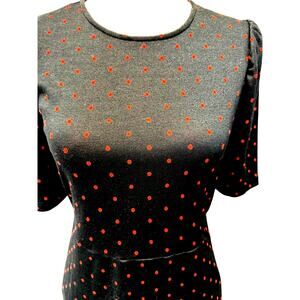 WHO WHAT WHERE DRESS Black W/Red‎ Polka Dots Pockets 3/4 Sleeve Midi,Work Wear